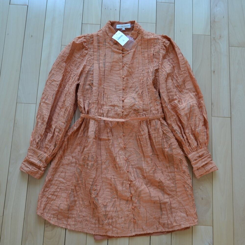 NWT English Factory Long Sleeve Organza Mini Tie Dress Burnt Orange Size Small
